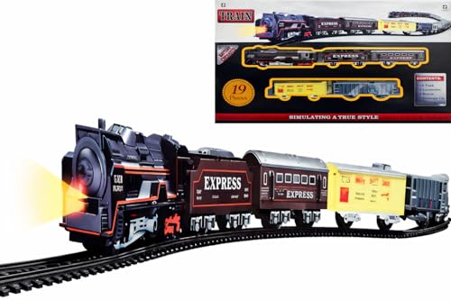 Image of Braintastic Battery Operated Toy Train Set with Engine, 1 Locomotive,14 Sets of Tracks,1 Boxer and1 Passenger Car Railway-19 Pcs, Medium Size with Headlight