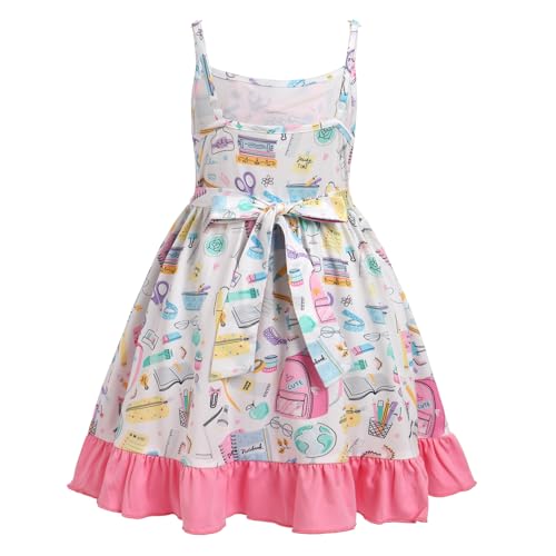 AWIBMK Kids Girls Back to School Dress Adjustable Spaghetti Straps Pencil Book Ruffle Kindergarten Dresses with Pockets2