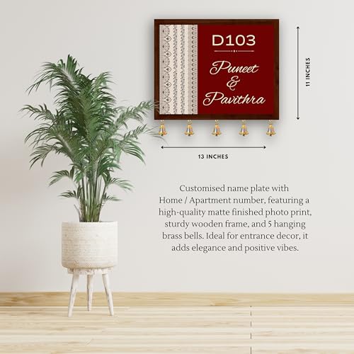 Image of Customised Name Plate for Home Entrance | Wooden Door Name Plate with Brass color Bell & Matte Finish for Home Decor | Personalized with Name & Apartment Number | 10x14 inch | Housewarming Gift