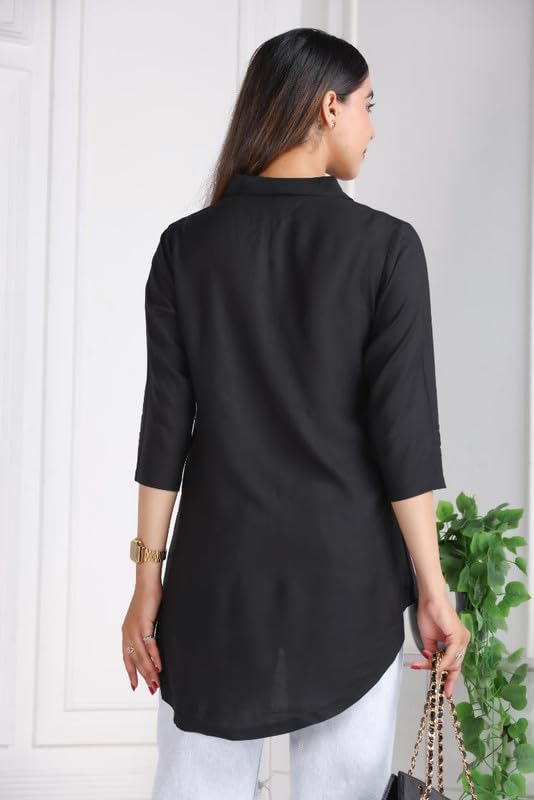 Image of Mlada Rayon Flare Top for Women | 3 /4th Sleeve Regular Fit and Flare Top | Women Office Tops Tunic | Western Long Shirt Top for Women | Shirt Collar Top for Women | Rayon Tunic Tops for Women Western
