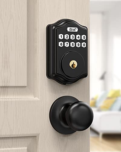 Keyless Entry Door Lock with Knob Handle, Front Door Lock Set with Door Knob, Electronic Keypad Door Lock,300 Code Users, Auto-Lock Smart Deadbolt Lock, IP56 Waterproof, Easy Installation, Matte Black