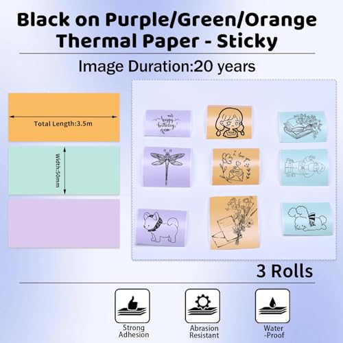 Image of 50mm T02 AHM2 D20 Mini Sticker Printer Paper 3Rolls Purple /Green /Orange | Thermal Sticker Paper, 20-Year Sticky Mini Printer Paper for Journal, Photos, Texts, Study Notes, for T02 /M02X /M02L /Y02C /Q02