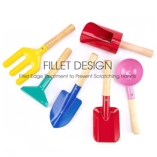 Plachiday Beach Toys For Kids, 6Pcs 8'' Kids Gardening Tools With Sturdy Wooden Handle Sand Toys Set Metal Gardening Equipment Cylinder, Spoon, Fork, Rake, Flat Shovel & Pointed Shovel #TOP6