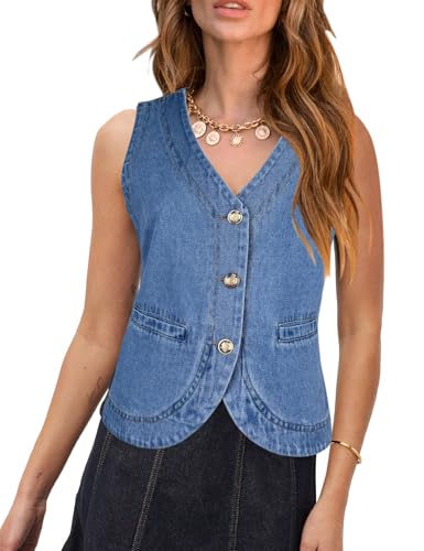 PRETTODAY Women's V Neck Denim Vest Button Down Sleeveless Casual Jean Waistcoast Top