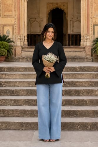 Image of Women's Cotton Short Kurti Black Solid Plain V Neck Full Bell Sleeve Casual Stylish Short Kurta for Women for Jeans Daily Girl Top
