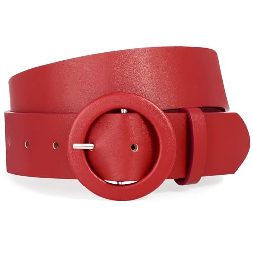XZQTIVE Women's Wide Belt Fashion Candy Color Round Buckle Ladies Belt for Jeans Pants Dresses, Red(Fit Waist Size 30"-36")
