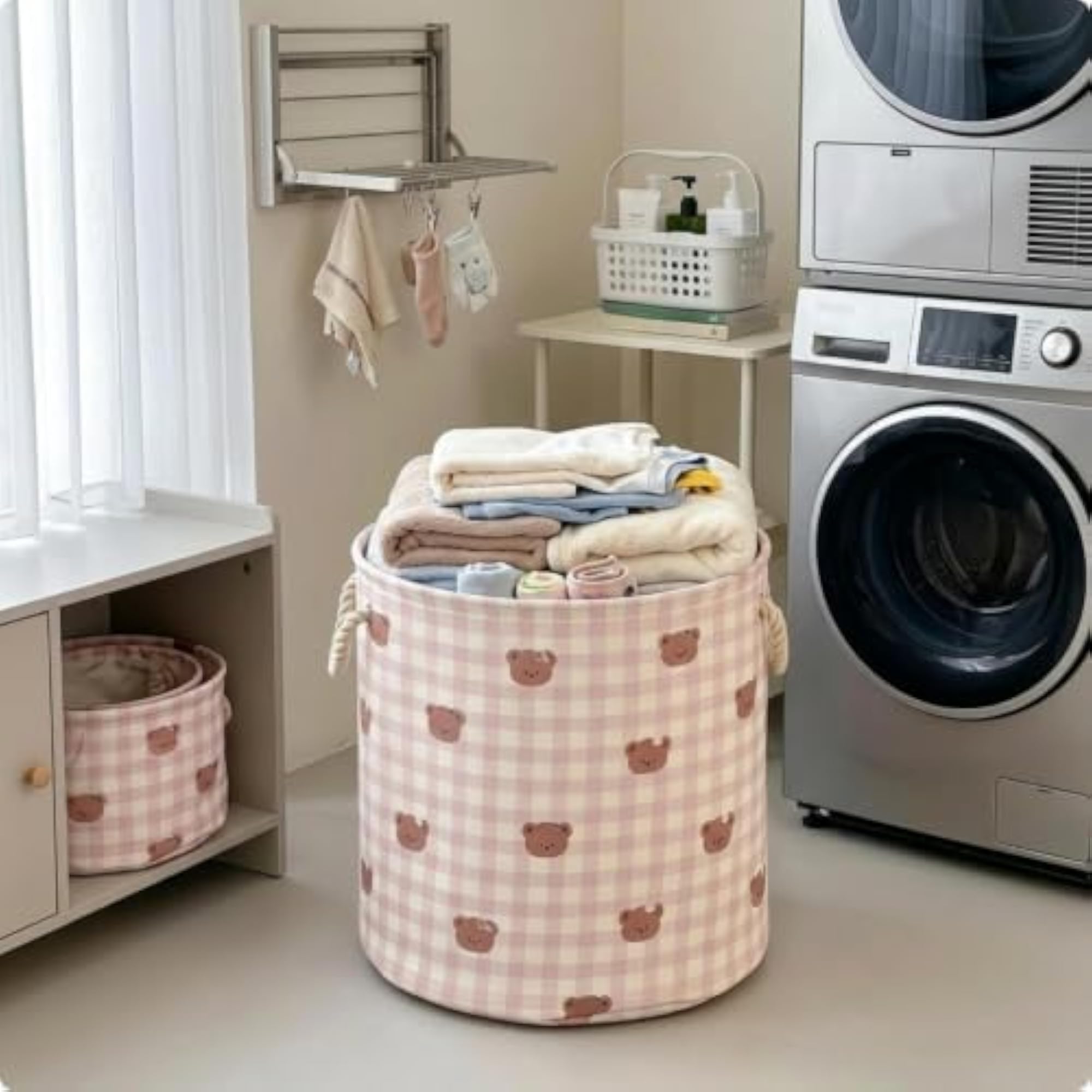 Space-Saving Foldable Laundry Hamper in Pink Plaid