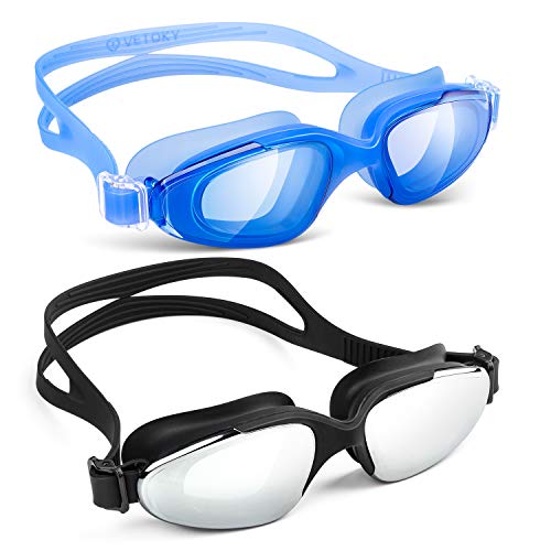 vetoky Kids Swim Goggles Wide Vision Swimming Goggles with Nose Clips+Ear Plugs,Anti Fog Swimming Goggles UV Protection Mirrored (Black +Blue)