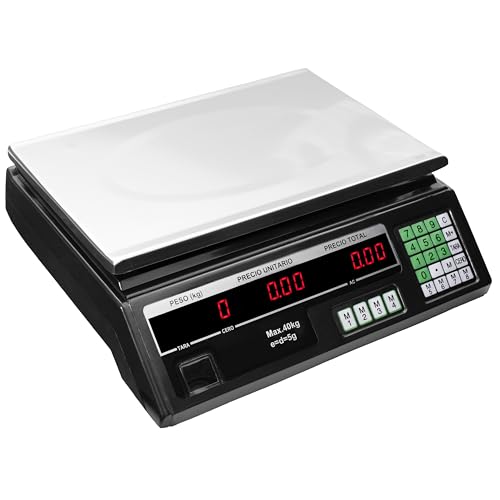 PELUCO Bascula Comercial Digital de 40kg - 2 EN 1 CON BATERIA RECARGABLE y Fuente de Alimentacion - Precision 5 Gramos Comercio Balanza Inalambrica para Fruteria 40 Kilos Peso Industrial Medidor LED