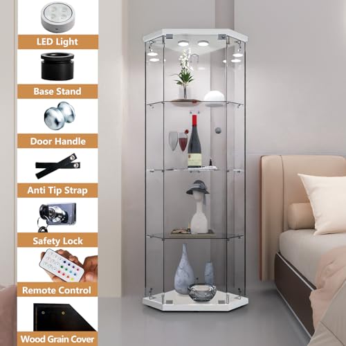 Image of LFT HUIMEI2Y 4-Tier Glass Corner Cabinet with LED&Lock, Display Case White