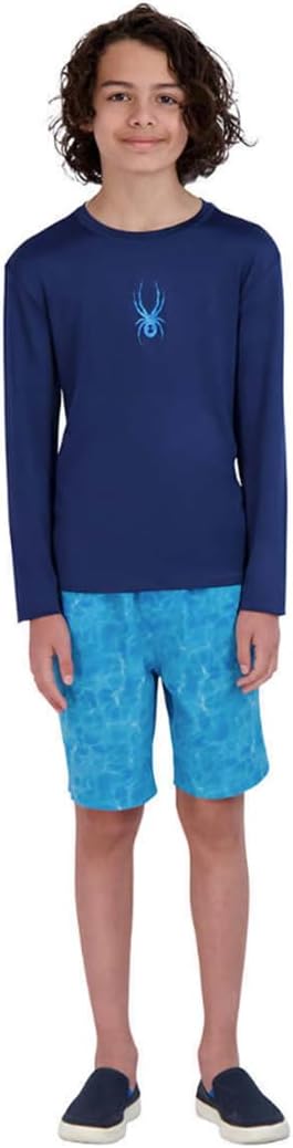 Spyder Youth 2-Piece Rash Guard and Board Shorts Swim Set (Large 14/16, Navy/Blue)