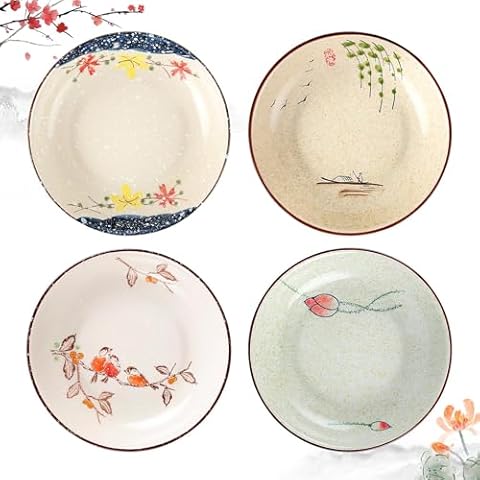 clothmile 7 Inch Japanese Retro Ceramic Dinner Plates Set of 4 Japanese Style Plates Asian Chinese Plates for Cereal, Soup, Dessert, Snack, Fruit, Salsa for Christmas Holiday Present Cover