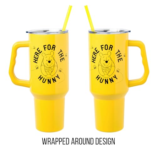 Image of Silver Buffalo Disney Winnie the Pooh inchHere for the Hunny inch Double Walled Stainless Steel Tumbler with Handle and Straw, Fits in Standard Cup Holder, 40 Ounces