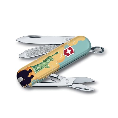 Image of Victorinox Classic SD Swiss Army Knife, Statue of Liberty National Park | 7-Function Swiss Mini Knife, Small Blade, Nail File, Screwdriver, Key Ring, Swiss Made, Compact EDC for Keys and Bags