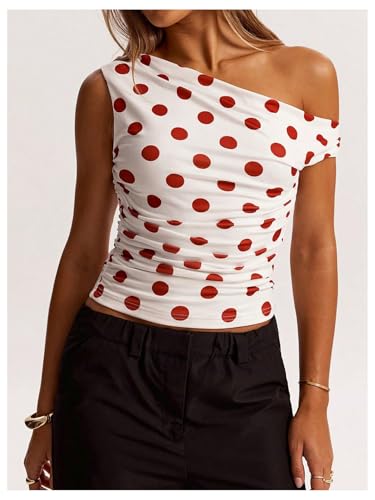 MakeMeChic Women's Polka Dots Asymmetrical Neck Tee Shirt Ruched Slim Fit Crop Tops4