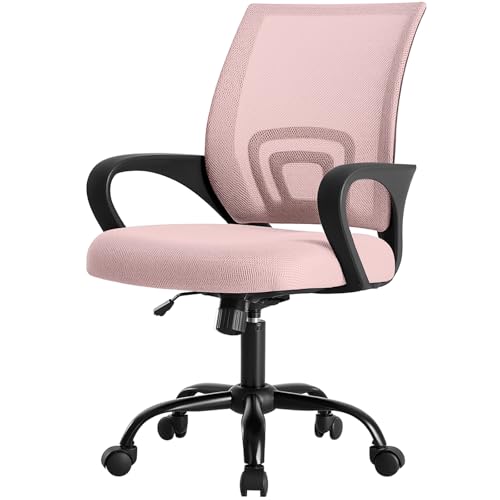 DUMOS Office Desk Chair - Ergonomic Mid Back with Lumbar Support & Rocking Mode, Height Adjustable with Fixed Armrest, Storage Back for Computer, Gaming, Conference, Meeting Room, 360° Swivel, Pink