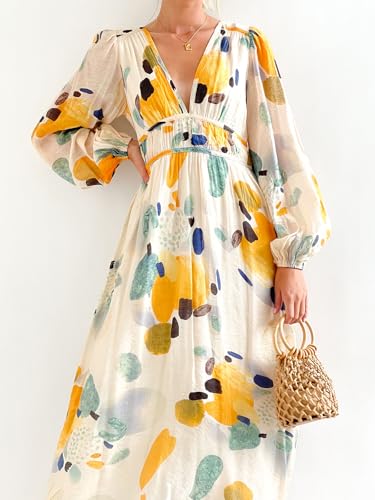 Image of Sissyaki Womens Long Sleeve Summer Maxi Dress 2026 Floral Dress Spring Wedding Guest Dress Yellow-Watercolour L