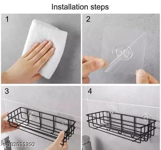Image of Bathroom Rack - Bathroom Shelves - Kitchen Storage - Multipurpose Rack and Shampoo Holder with 4 Hook - Adhesive Shower Caddy Metal Shelf Without Drilling (Black)