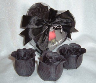 IGC Scented Rose Shaped Soaps in Heart Box - Black with Satin Ribbon & Thank You Card - Wedding Favors