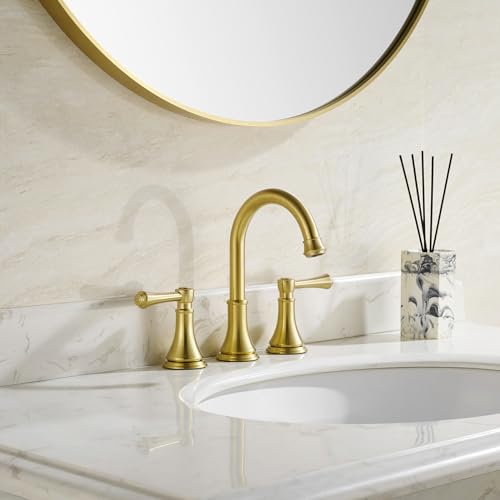 TimeArrow Brushed Gold 8 inch Widespread Bathroom Sink Faucet 3 Holes with Pop-Up Drain, 2 Handle Modern Bathroom/Vanity/Lavatory Faucet with Brass 360° Swivel Spout, TAF830Y-PB thumbnail 3
