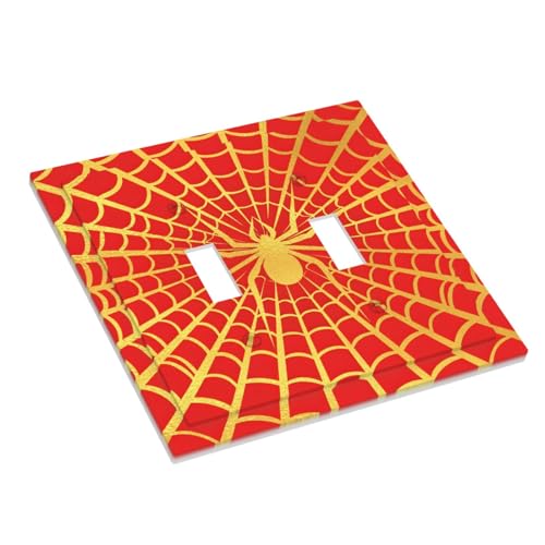 Decorative Switch Plate Covers Red Background with Golden Spiderweb Spider 2 Gang Light Switch Cover Plate Unique Double Toggle Wall Plate Light Switch Covers for Home Decor