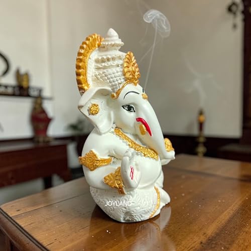 Image of JOY LAND Lord Ganesha Car Dashboard Idol | White & Gold Ganesh Murti for Car Dashboard, Home & Office Decor (Off White)