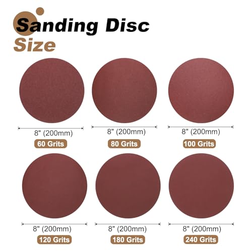 QUARKZMAN 30 Stück 200mm PSA Schleifscheiben 60/80/100/120/180/240 Körnung Aluminiumoxid Selbstklebende Haftschleifpapiere Runde Schleifpapiere Zum (Je 5 Stück Pro Körnung)