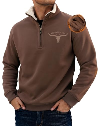 VOGSTART Men Western Quarter Zip Pullover Fleece-Lined Sweater Coffee XXL