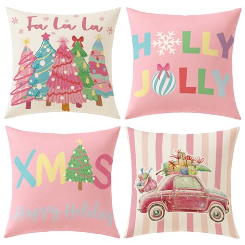 YOSICHY Pink Christmas Decorations Pillow Covers 18x18 Set of 4 Christmas Throw Pillow Covers Holly Jolly FA La La Xmas Winter Holiday Linen Cushion Case for Home Sofa Couch Bed Chair Decor