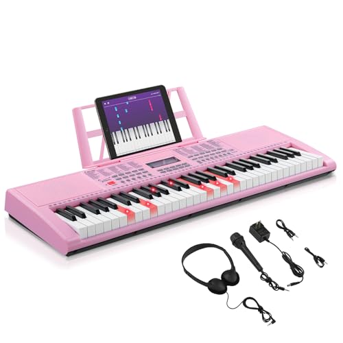 GLARRY 61-Key Portable Electronic Piano Keyboard for Beginner w/Lighted Keys, LCD Screen, Microphone, Headphones, 3 Teaching Modes, Built-In Speakers