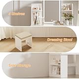 Airfish Coiffeuse avec Miroir LED et Tabouret, Lumière Réglable, Table de Maquillage avec 4 Étagères et 2 Tiroirs, Meuble Chambre avec Rangement Latéral (Blanc+Blanc) - 6