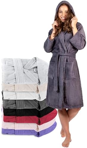 Twinzen Bademantel Damen - 100% Baumwolle OEKO-TEX® Zertifiziert - XS, S, M, L, XL - Morgenmantel Damen mit Kapuze, 2 Taschen, Gürtel