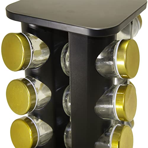 Porta Condimentos Temperos Giratório Inox 16 Potes (Preto com Dourado)