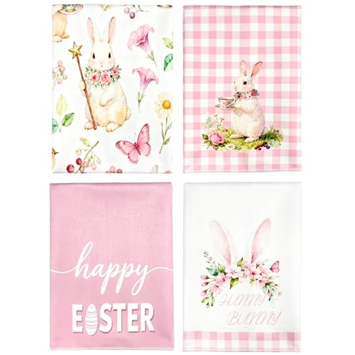 Yozhiron Easter Bunny Kitchen Towels Set of 4, Pink Bunny Ears with Floral Leaves and Buffalo Check, 18x26 Inch Decorative Dish Towels and Hand Towels for Spring