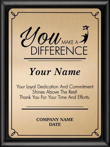 Crown Awards 6x8 You Make A Difference Preset Text Black Shiny Plaque with Gold Metal Plate