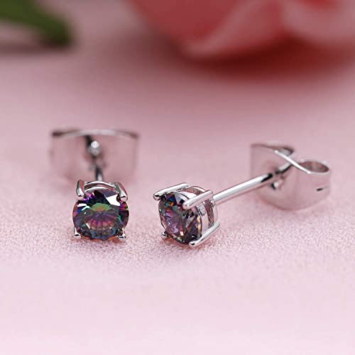 Created Rainbow Quartz Mystic Topaz 4Mm Round Small Studs Ear Piercings Earrings 18K White Gold Plated Cz Stud Earingings Women Mens #TOP5