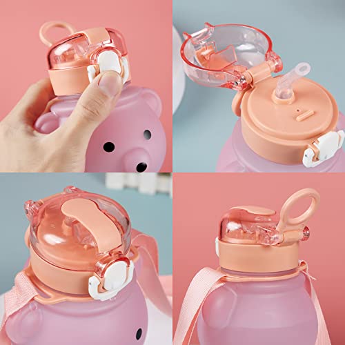 Menoha Kawaii Water Bottle With Straw, Bear Water Bottles With Adjustable Shoulder Strap,Portable Drinking Cup For Girls Boys School Office Travel #TOP2