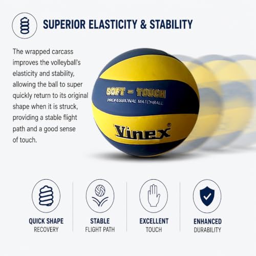 Image of Vinex Soft Touch Volleyball Official Size 5, Hygroscopic PU Leather, Lightweight Recreational Training Ball for Indoor and Outdoor, Court Beach Play, High Retention Butyl Bladder for All Ages