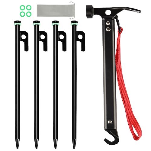 4 Stück Zeltheringe Zelt Heringe Erdnägel Stabil mit 10 Zoll Stahl Zelthering Hammer + Silikonringen + Tasche für Outdoor-Camping Heringe, Wandern (4 Stück Zelt Heringe & 1 Hammer)
