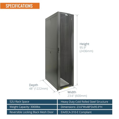 Image of Tecmojo 52U Server Rack Cabinet - PRE-Assembled 24inch Width 48inch Depth IT Network Equipment Cabinet Rack Enclosure with Casters - 3000lbs Weight Capacity(06Black)