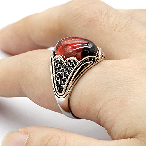 LovePlus Solid Silver Men Rings Red Garnet Stone Men's Ring Handmade Turkish Vintage Ring Luxury Jewelry Bands4