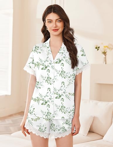 Image of Ekouaer Womens Lace Satin Pajama Set Button Down Pj Shorts Set Bridesmaids Getting Ready Outfits Casual Sleepwear XS-XXL