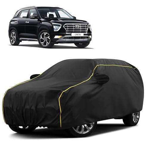 Image of Sulfar 100% Water Resistant Car Body Cover Compatible with Mirror for Hyundai Creta (Triple Stitched, Full Bottom Elastic, Black Taffeta with Yellow Piping)