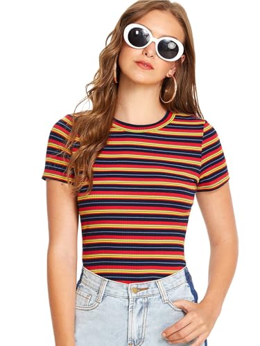 Milumia Women's Casual Multi Striped Ribbed Knit Short Sleeve Tee