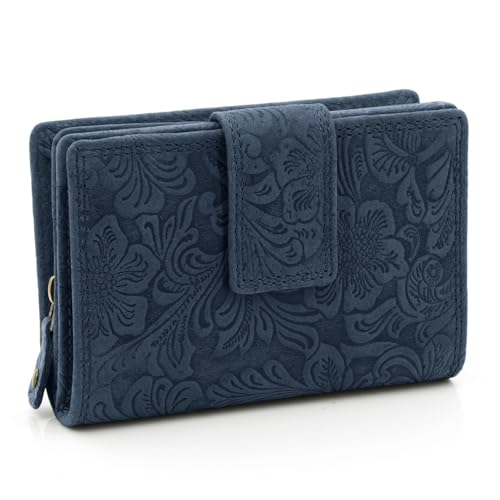 ekavale Damen Geldbörse aus Leder mit RFID-Schutz, Geldbeutel für Moderne Frauen Blüten Muster (Navy)
