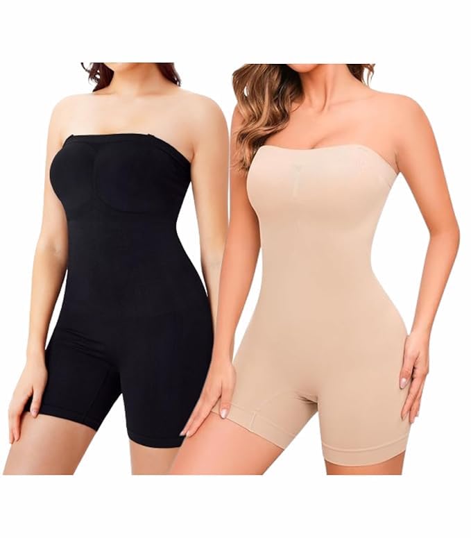 Image of Women's Seamless Tummy Control Shapewear Bodysuit with Adjustable Straps | Slimming Full Body Shaper with Shorts | Body Compression for Under Dresses (Pack of 2)