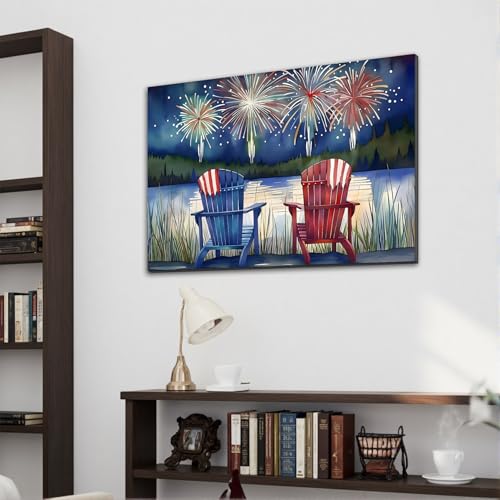 Image of Framed 4th of July Fireworks Adirondack Chair Wall Art, Patriotic Lake Canvas Art Pictures, USA Flag Wall Decor, Made in USA Ready to Hang for Living Room Porch