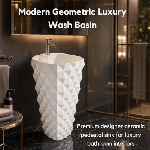 Image of Well Set Luxury Ceramic One Piece Pedestal Wash Basin | Premium Geometric Stand Wash Basin for Home Office Hotel | White