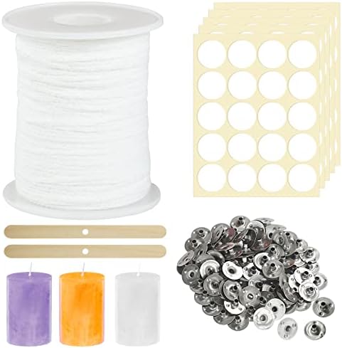 61m Stoppini per Candele, Stoppini per Candele Fai Da Te Tagliabile Stoppino in Cotone con 100 Supporto Stoppino Candele 2 Supporti per Stoppino