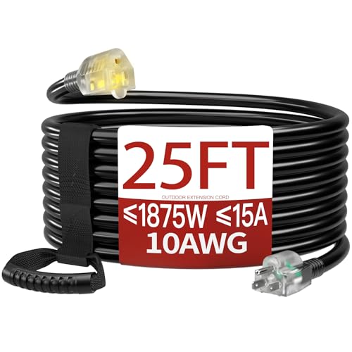 25 FT 10 Gauge Extension Cord Outdoor, Heavy Duty Weatherproof & Flame Retardant Black 3 Prong Power Cord with Light, Outside for Lawn & Garden, 15 Amps 1875 Watts 125 VAC 10AWG SJTW, ETL Listed